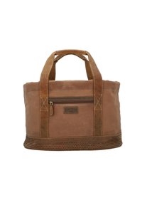 Bruine canvas tas met leren accenten, voorzien van een ritsvak en geperforeerde bodem. Inclusief stevige handvatten voor eenvoudig dragen.