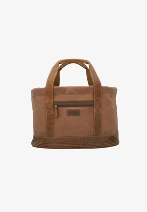 Bruine canvas tas met leren accenten, voorzien van een ritsvak en geperforeerde bodem. Inclusief stevige handvatten voor eenvoudig dragen.