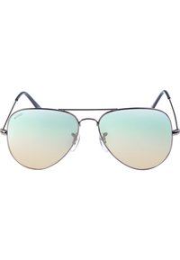 Metallische Flieger-Sonnenbrille mit Verlaufsgläsern, die von Grün zu Beige übergehen. Mit doppeltem Steg, Nasenpolstern und schlanken schwarzen Bügeln.