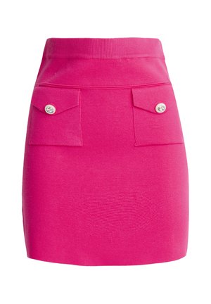 Gonna rosa a maglia aderente con una vita a costine, due tasche frontali con bottoni decorativi e tessuto texturizzato.