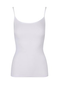 White sleeveless tank top made from smooth fabric, featuring a curved neckline and a form-fitting shape with thin straps.