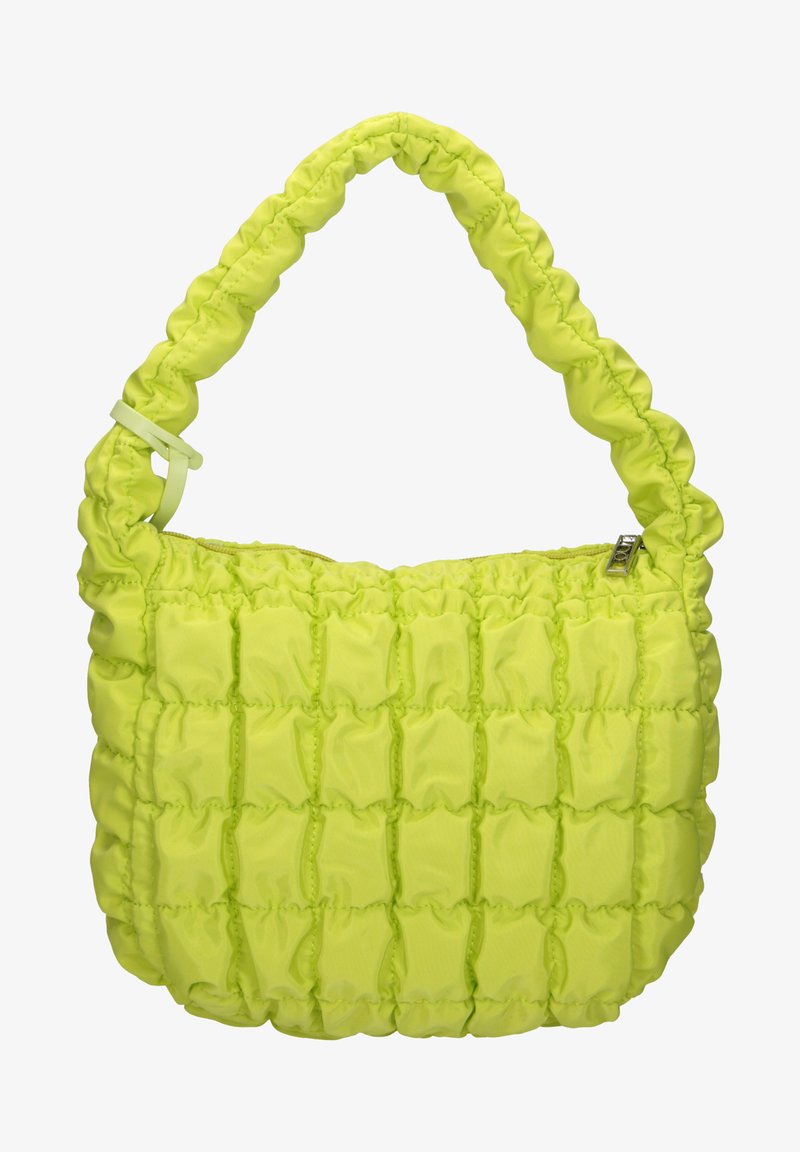 Borsa a spalla verde lime con una texture morbida e imbottita e un design trapuntato. Presenta un manico arricciato e una chiusura a zip sulla parte superiore.
