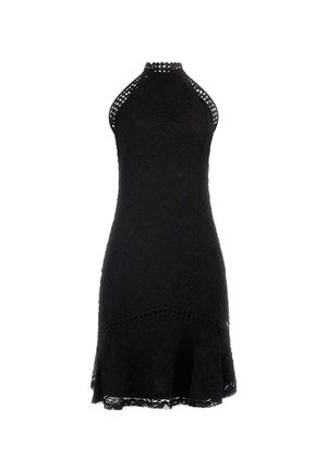 Black lace dress with a halter neckline, textured leaf pattern, and flared hem. Features cut-out details at the shoulders and a fitted bodice.