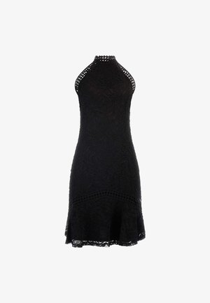 Černé krajkové šaty s halter výstřihem, texturovaným listovým vzorem a rozšířeným lemem. Obsahují vystřižené detaily na ramenou a přiléhavý korzet.