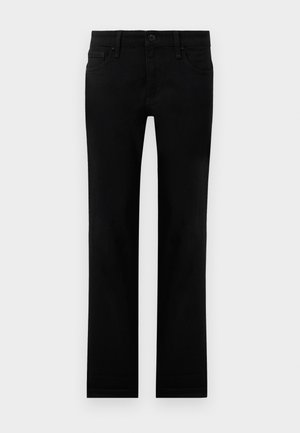 Black slim-fit jeans with front button, zip fly, and five-pocket design, displayed flat on a white background.