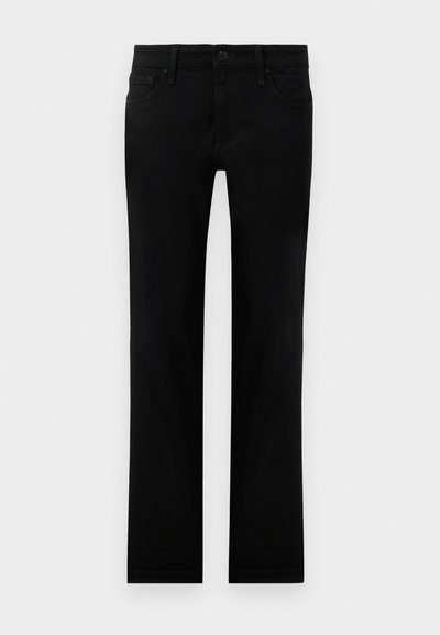 Jeansi negri, slim-fit, cu nasture frontal, fermoar și design cu cinci buzunare, expuși plat pe un fundal alb.