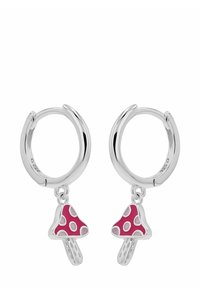 Orecchini a cerchio in argento con charm a forma di fungo rosa; i funghi presentano accenti bianchi e uno stelo texture.