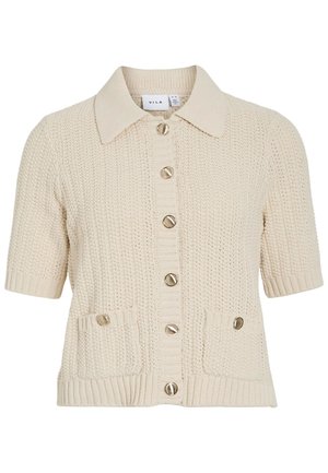 Korte mouw crèmekleurige cardigan met een kraaghals, gestructureerde gebreide stof, knoopsluiting en twee voorzakken met afgeronde knopen.