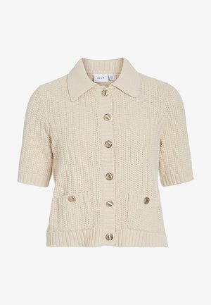 Kratak krem kardigan s kratkim rukavima, s ovratnikom, teksturirana pletenina, zatvaranje na gumb, te dva prednja džepa s zaobljenim gumbima.