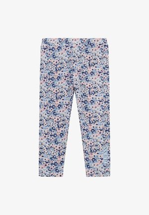 Cvetni legingi v pastelnih barvah s modrim cvetličnim vzorcem na svetlo rožnati podlagi. Vključujejo modro logotip na strani.