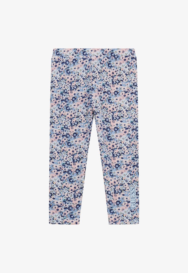Cvetni legingi v pastelnih barvah s modrim cvetličnim vzorcem na svetlo rožnati podlagi. Vključujejo modro logotip na strani.