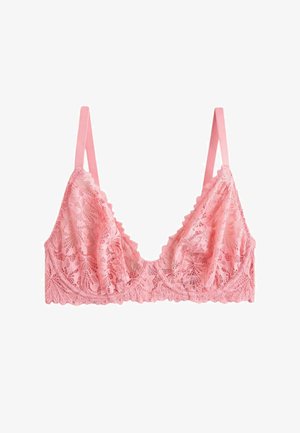 Braletă roz din dantelă cu modele florale, bretele subțiri reglabile și margini în valuri de-a lungul cupei și benzii de la bază.
