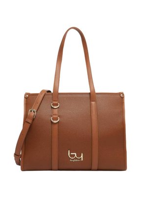 Borsa a mano in pelle marrone con texture, dotata di doppi manici superiori, tracolla regolabile e logo "byblos" in argento sulla parte anteriore.