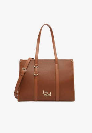 Borsa a mano in pelle marrone con texture, dotata di doppi manici superiori, tracolla regolabile e logo "byblos" in argento sulla parte anteriore.