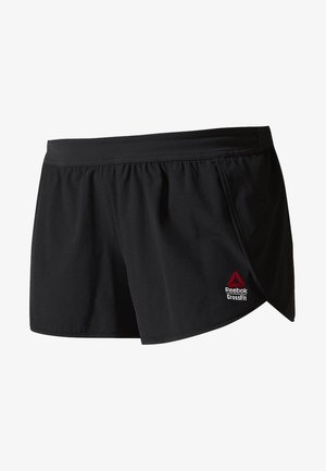 Pantalones cortos deportivos negros con una pretina ajustada, confeccionados con tela ligera; cuentan con un pequeño logo rojo de Reebok CrossFit en el lado izquierdo.