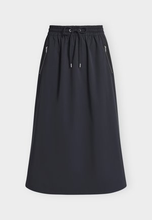 Μαύρη μίντι φούστα σε στυλ Α, με ελαστική μέση, ρυθμιζόμενη κορδονέλα και πλαϊνές τσέπες με φερμουάρ σε μονόχρωμο φόντο.