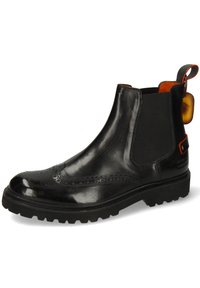 Bota Chelsea de cuero negro con detalles de brogue, paneles laterales elásticos, suela resistente y forro interior naranja con tirador.