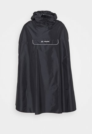Schwarzer wasserdichter Poncho mit Kapuze, ausgestattet mit einer Brusttasche und reflektierenden Akzenten. Hergestellt aus glattem, leichtem, strapazierfähigem Material.