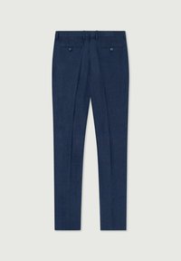 Pantaloni sartoriali blu navy realizzati in tessuto testurizzato, caratterizzati da due tasche posteriori, frontale piatto e design a gamba dritta.