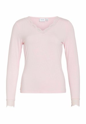 Haut rose clair à manches longues avec bordure en dentelle sur l'encolure en V et les poignets, silhouette ajustée, fabriqué par la marque VILA.