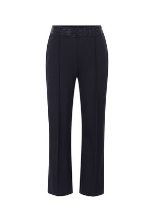 Pantalons navy avec une ceinture à logo, présentant une coupe structurée et des jambes droites. Fabriqués dans un tissu lisse et extensible pour le confort.