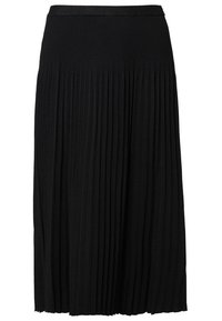 Jupe noire mi-longue à plis étroits avec une large ceinture côtelée, fabriquée en tissu doux et léger.