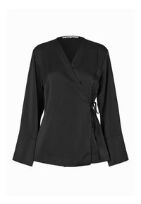 Černý top s dlouhými rukávy, vyrobený z hladkého materiálu. Obsahuje detail vázání na boku a široké, rozšířené manžety pro uvolněný siluetu.