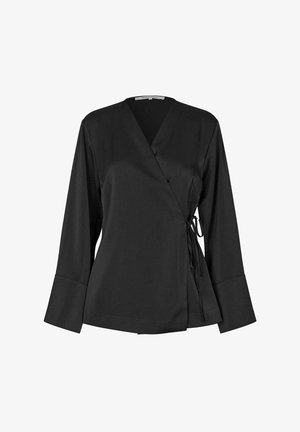 Top nero avvolgente con maniche lunghe, realizzato in tessuto liscio. Presenta un dettaglio di nodo laterale e polsini larghi e svasati per una silhouette rilassata.