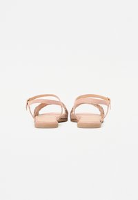 Ett par platta, öppna rosa sandaler med ankelremmar och guldspännen, visade bakifrån mot en vit bakgrund.