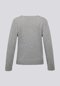 Grauer Strickpullover mit langen Ärmeln, Rundhalsausschnitt sowie gerippten Bündchen und Saum. Weiche Textur mit glattem Finish. Rückansicht gezeigt.