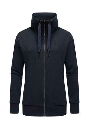 Navy Zip-Hoodie mit hohem Kragen, Kordelzug-Details und gerippten Bündchen. Hergestellt aus weichem, dehnbarem Material. Logo auf der Vorderseite gestickt.