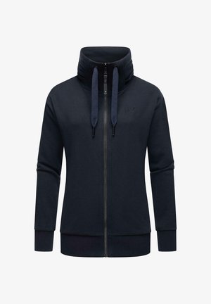 Navy Zip-Hoodie mit hohem Kragen, Kordelzug-Details und gerippten Bündchen. Hergestellt aus weichem, dehnbarem Material. Logo auf der Vorderseite gestickt.