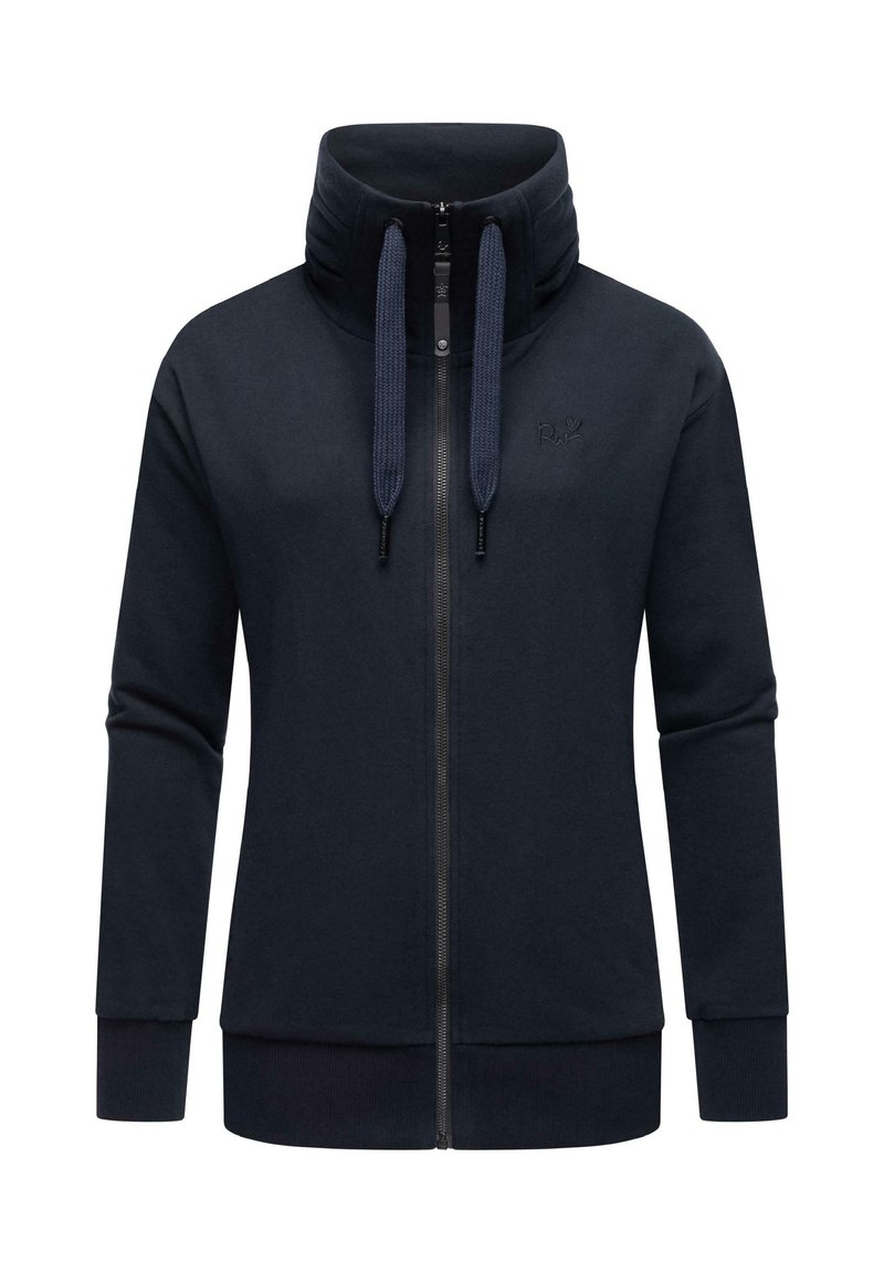 Námornícka mikina na zips s vysokým golierom, šnúrkovými detailmi a rebrovanými manžetami. Vyrobené z jemného, elastického materiálu. Vyšívané logo na prednej strane.
