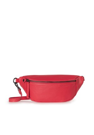 Roter Leder-Gürteltasche mit glatter Textur, Reißverschluss und verstellbarem Riemen. Besitzt ein schlankes Design für einfachen Transport.