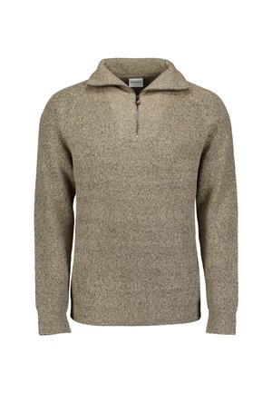Beige gebreide sweater voor heren met lange mouwen en een korte rits bij de hoge kraag, gemaakt van een gestructureerde wolmix.