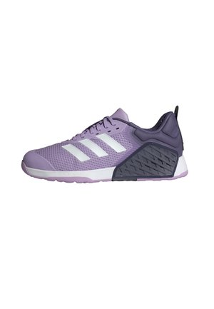Chaussure de sport violette et gris foncé avec logo blanc à trois bandes, dessus en mesh, semelle texturée et fermeture à lacets, vue de côté.