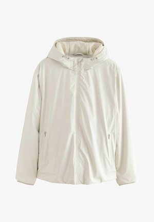 Helle beige Kapuzenjacke mit einem Frontreißverschluss, elastischen Bündchen und zwei Seitentaschen; verfügt über ein weiches, strukturiertes Innenfutter.