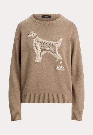 Beżowy sweter dzianinowy z grafiką jasno kolorowego psa z przodu oraz prążkowanymi mankietami i dolnym hemem. Miękka tekstura i luźny krój.