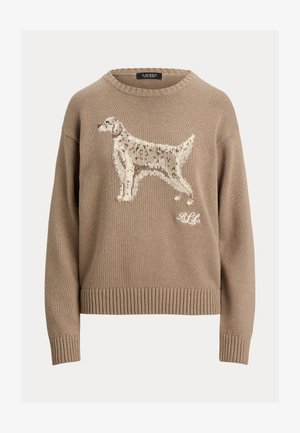 Maglione lavorato a maglia beige con una grafica di un cane di colore chiaro sul davanti e polsini e orlo a coste. Tessuto morbido e vestibilità comoda.