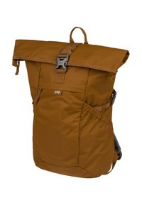 Zaino a roll-top marrone realizzato in nylon resistente, con una tasca frontale, spallacci regolabili e chiusura con fibbia in plastica.