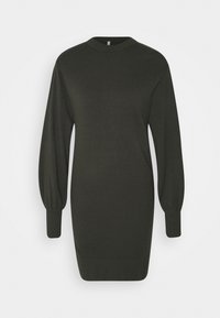 Abito lavorato a maglia di colore verde scuro con collo alto, maniche a pallone e polsini a coste. Texture morbida e silhouette aderente con orlo leggermente sfiancato.