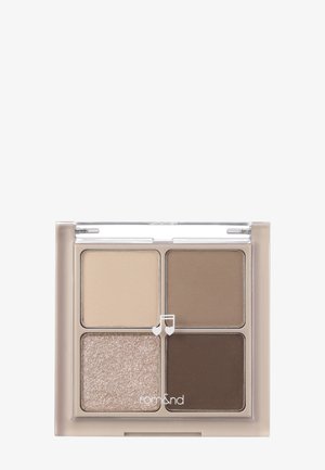 Compact eyeshadow palette with four shades: matte beige, matte taupe, glittery champagne, and matte dark brown.