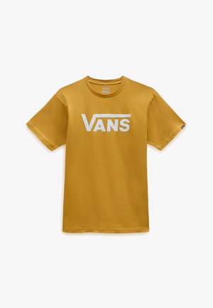 T-shirt en coton jaune moutarde avec des manches courtes et un logo "VANS" blanc sur la poitrine, de conception col rond.