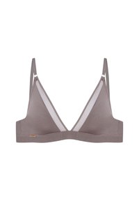 Bezprzewodowy biustonosz w szarym materiale z trójkątnymi miseczkami, cienkimi regulowanymi ramiączkami oraz kontrastującą białą podszewką. Charakteryzuje się minimalistycznym designem.