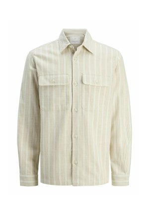 Langærmet skjorte lavet af let stof, med vertikale striber i beige og fløde, to brystlommer og knaplukning.