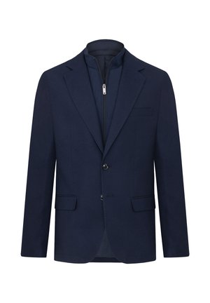 Blazer azul marino con un tejido texturizado, botones dobles, solapas muescas y un cuello con cremallera. Presenta bolsillos frontales y un corte entallado.