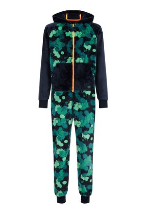 Fleece overalls med hætte, med en marineblå bund og grønne abstrakte mønstre, kontrasterende orange lynlås og en frontlomme med blød tekstur.