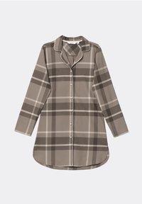 Camicia a maniche lunghe a quadri in tonalità di grigio e beige, con bottoni sul davanti, colletto e orlo arrotondato con finiture piped.