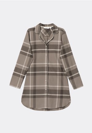 Langärmliges kariertes Hemd in Grautönen und Beige, mit Knopfleiste, Kragen und abgerundetem Saum mit gesteppten Akzenten.