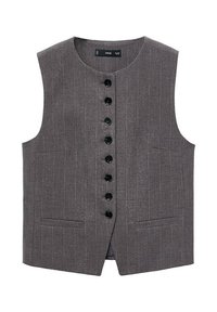 Gilet grigio senza maniche con motivo a righe, dotato di chiusura frontale con bottoni neri e due tasche frontali.